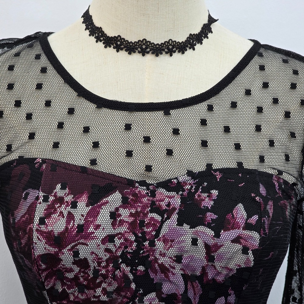 Venus Womens 4 Black Mesh‎ Floral Bodycon Dress Sheer Bell Sleeve Whimsigoth - Picture 11 of 16